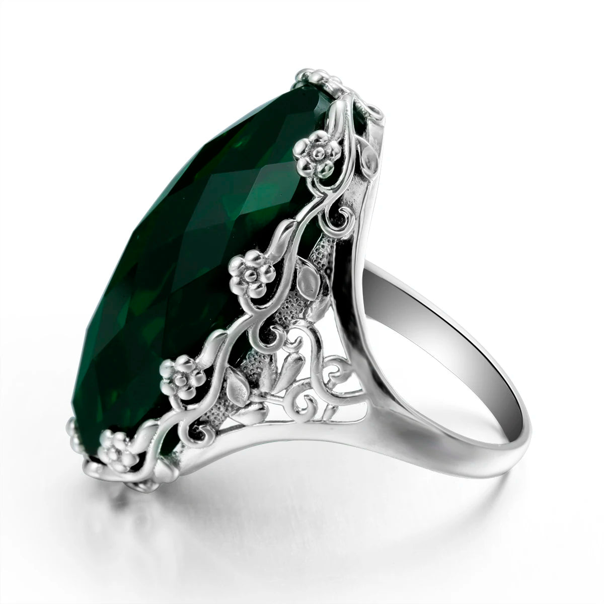 Damen-Ring aus 925er Sterlingsilber mit smaragdgrünem Stein und aufwändigem Blütenmuster