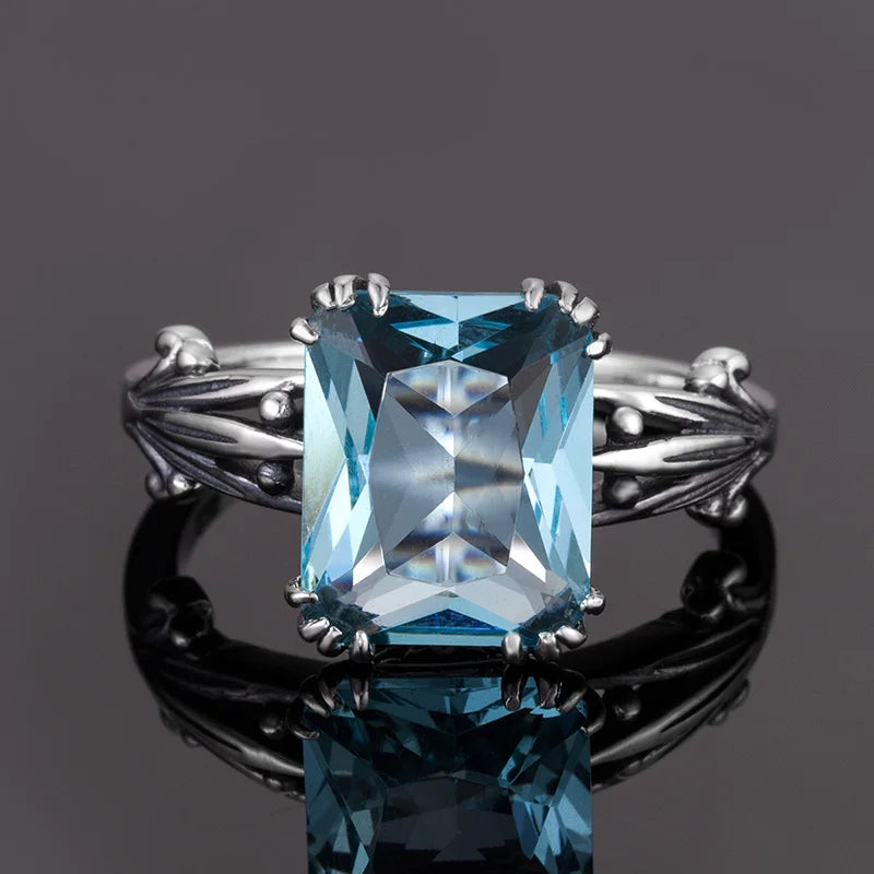 Damen-Ring aus Silber 925 mit Aquamarin Quadrat-Edelstein Boho-Stil Vintage-Look