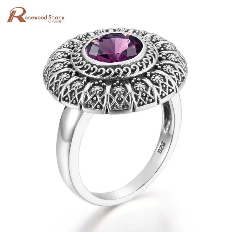 Damen-Ring aus Silber 925 mit Amethyst, Blumendesign, Krappenfassung und feinem Vintage-Look