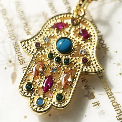 Damen-Halskette Hand der Fatima türkis golden aus Sterlingsilber