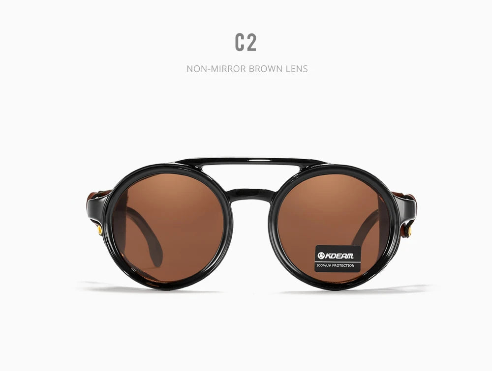 Sonnenbrille rund Vintage Leder-Schild Twin-Bridge polarisiert Herren Damen