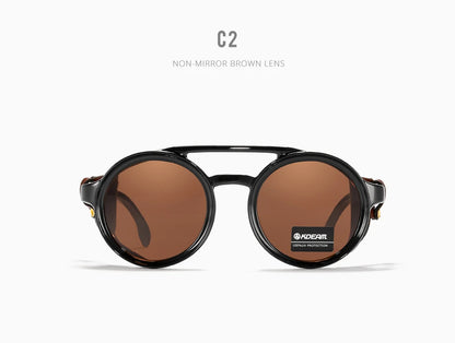 Sonnenbrille rund Vintage Leder-Schild Twin-Bridge polarisiert Herren Damen