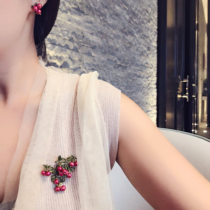 Brosche Cranberry Perle Blatt Grün Pflanze Retro Kragen Schmuck Damen