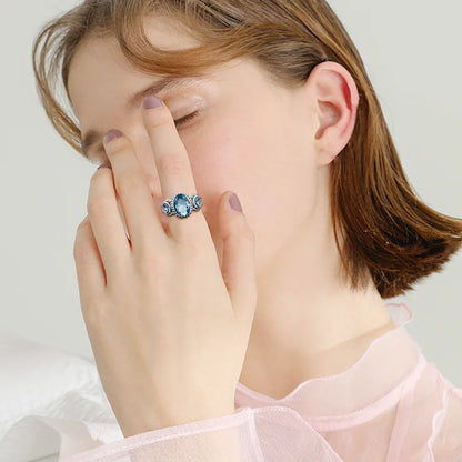 Damen-Ring aus Sterlingsilber 925 mit Aquamarin in Vintage-Ovalfassung mit Zackenfassung
