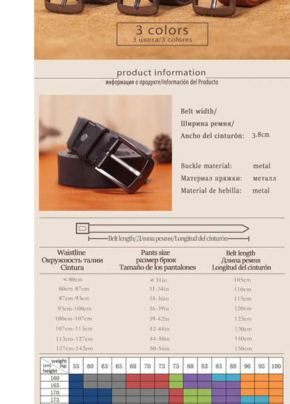 Herren Echtleder-Gürtel Retro 3,8 cm Stiftschnalle Metall Top-Qualität Rindsleder