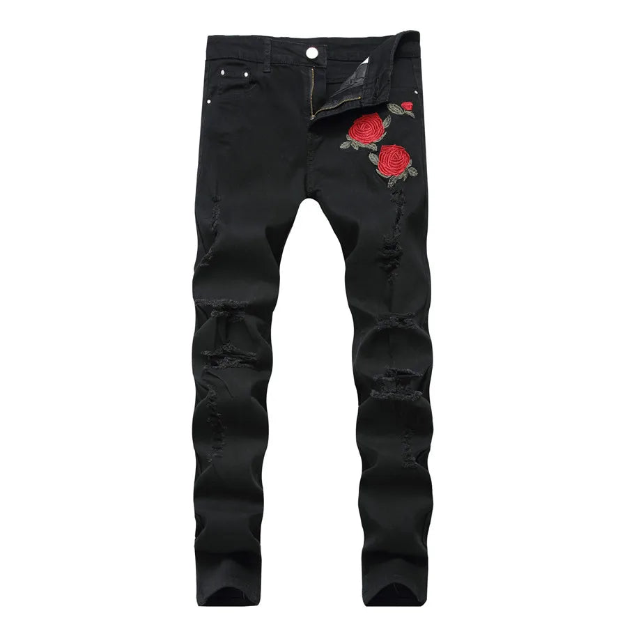 Herren Jeans mit zerrissenen Details und bestickten Rosen im Skinny-Stil