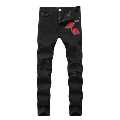 Herren Jeans mit zerrissenen Details und bestickten Rosen im Skinny-Stil