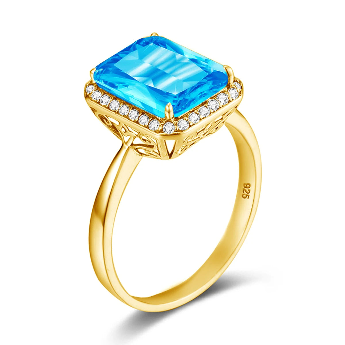 Damen-Ring aus 18K Gold mit Blauer Topas und Diamanten, Quadratische Krappenfassung