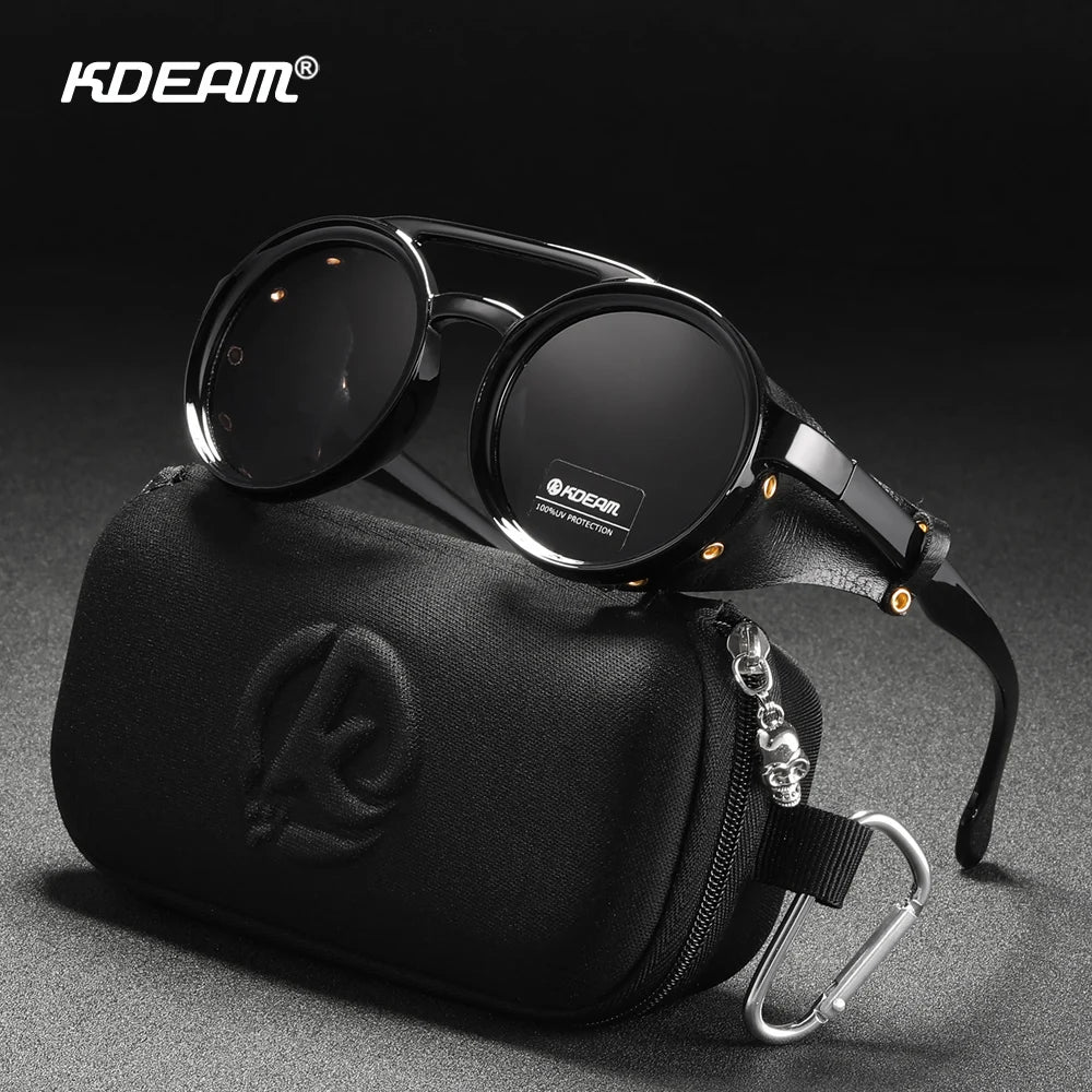 Sonnenbrille rund Vintage Leder-Schild Twin-Bridge polarisiert Herren Damen