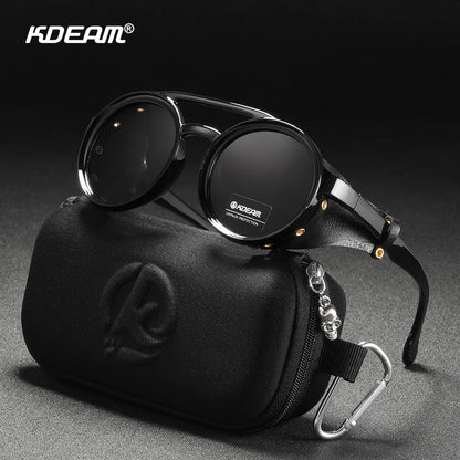 Sonnenbrille rund Vintage Leder-Schild Twin-Bridge polarisiert Herren Damen