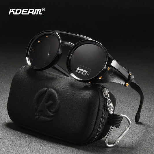 Runde Sonnenbrille mit schwarzem Rahmen, braunen Linsen und schwarzem Lederetui
