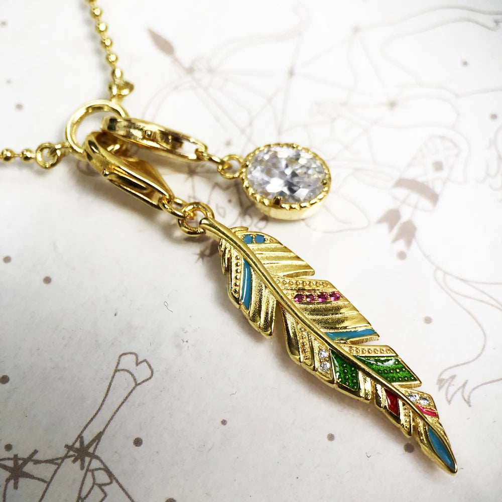 Damen-Halskette Feder golden oval CZ Frühling aus Sterlingsilber