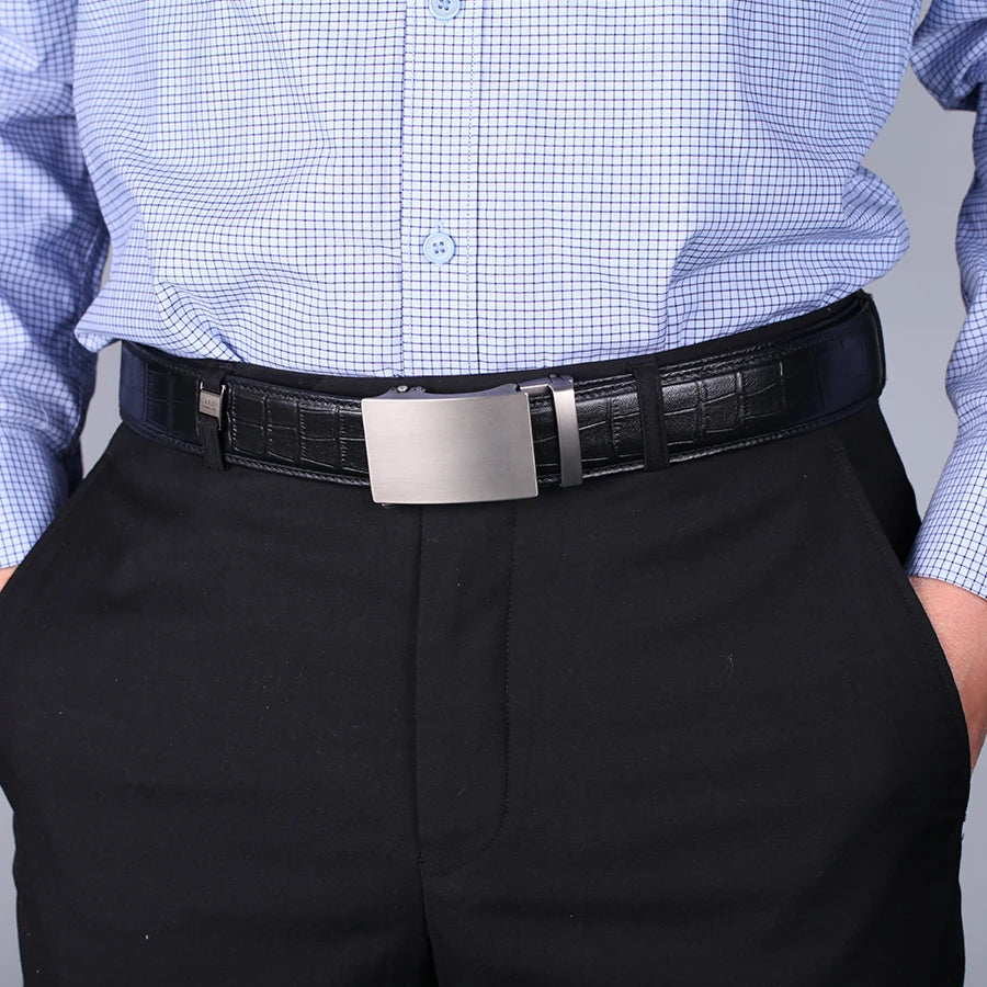 Herren Echtleder-Gürtel Automatik-Schnalle Schwarz 3,5 cm Verstellbar Rindsleder