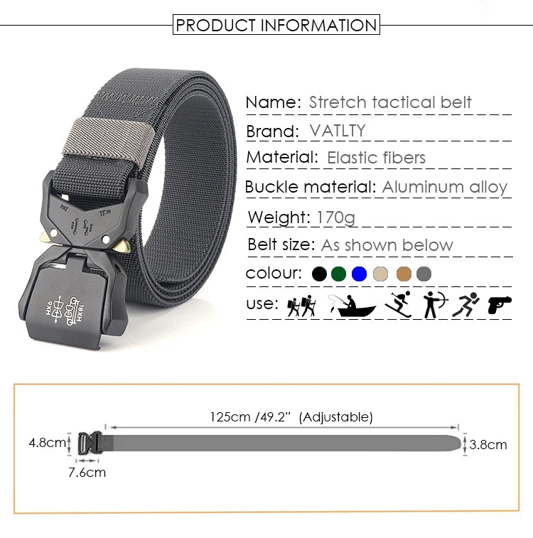 Herren-Gürtel mit 3,8 cm Breite aus Elastischem Material mit Schnellverschluss aus Aluminium für Militärlook