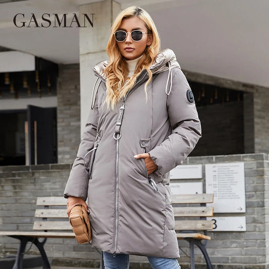 Langer Damen-Daunenmantel mit Kapuze – Warmer Winterparka aus Baumwolle