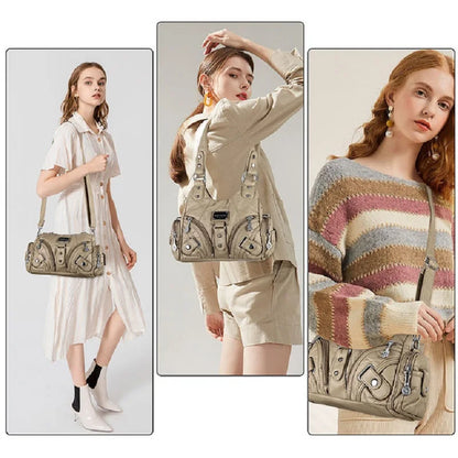 Damen-Handtasche mit Top-Griff und Mehrfachfächern für Smartphone Vintage-Stil Kompakt