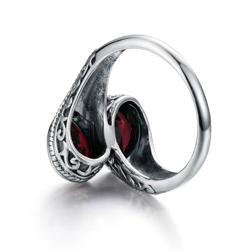 Damen-Ring aus Silber 925 mit zwei Granatsteinen im Vintage Gotischen Stil Eleganter Verlobungs- oder Jubiläumsschmuck
