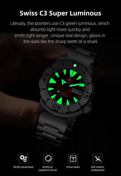 ADDIESDIVE AD2103 Men Monster Watch Luminous Sapphire Glass Blue Dial NH36 Diver 316L Stainless Steel Mechanical Watches