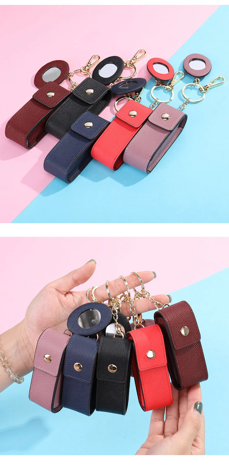 Damen-Kosmetiktasche Aus Echtem Leder Mit Spiegel Kompakt Und Luxuriös Im Mini-Format