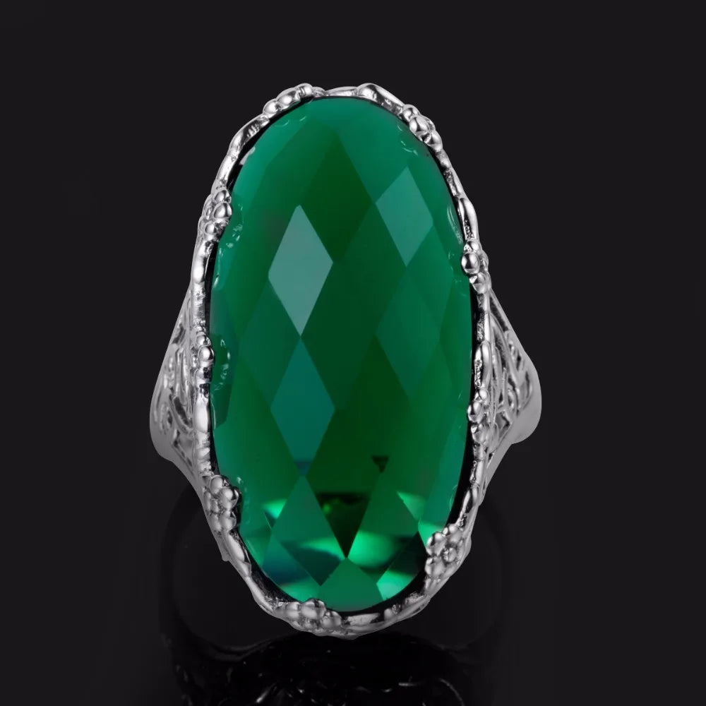 Damen-Ring aus 925er Sterlingsilber mit smaragdgrünem Stein und aufwändigem Blütenmuster