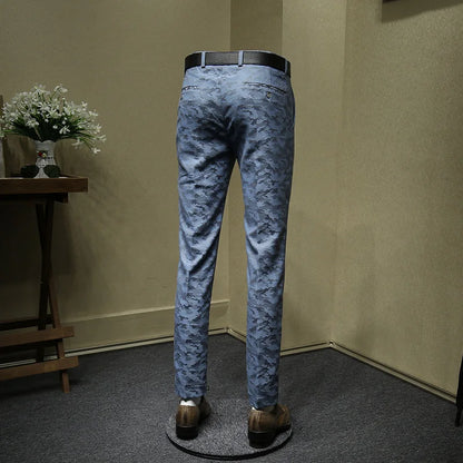 Herrenanzüge Hosen Blau Camouflage Bedruckt Mode Freizeitanzug Hose Slim Fit Büro Geschäftsmann Hochzeit Bräutigam Tragen Lange Hose