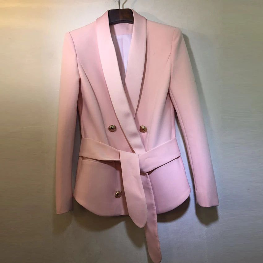 Damen-Blazer doppelreihig Schalkragen Schnürgürtel Löwenknopf elegant