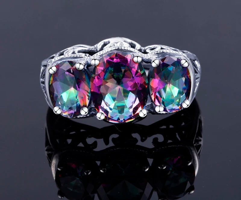 Damen-Cocktailring aus 925er Sterlingsilber mit Regenbogen-Topas und Zirkoniastein für festliche Anlässe