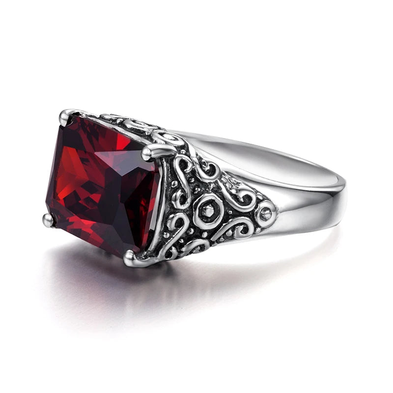 Damen-Ring aus 925er Sterlingsilber mit Granatstein Vintage-Stil und Mittelalterliches Gravurmuster