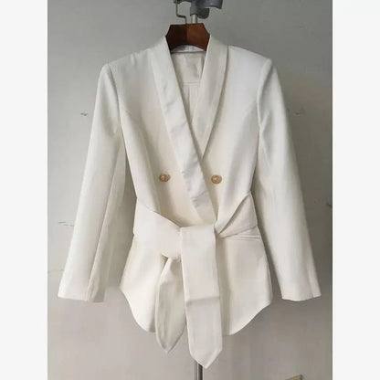 Damen-Blazer doppelreihig Schalkragen Schnürgürtel Löwenknopf elegant