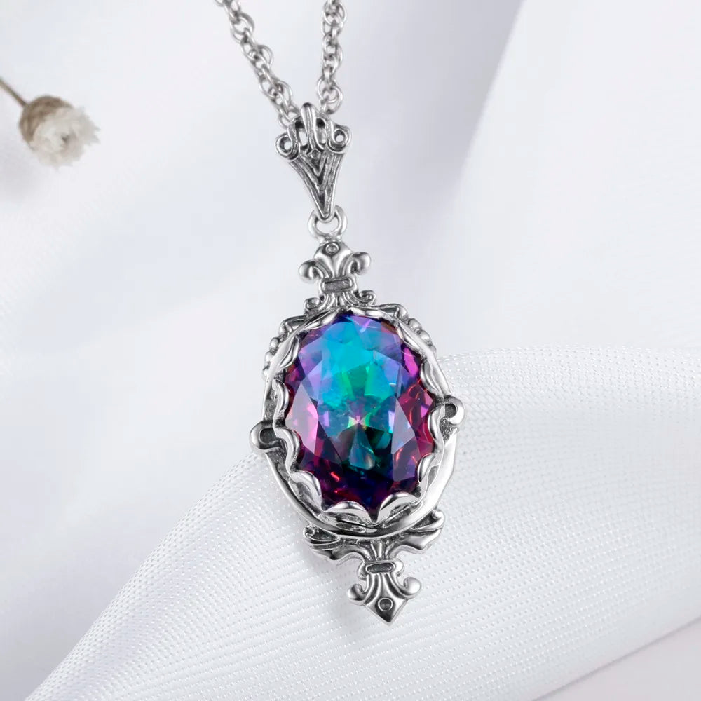 Damen-Halskette aus 925er Sterlingsilber mit Regenbogen-Topas-Anhänger Boho Vintage Stil Handgefertigt