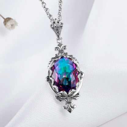 Damen-Halskette aus 925er Sterlingsilber mit Regenbogen-Topas-Anhänger Boho Vintage Stil Handgefertigt