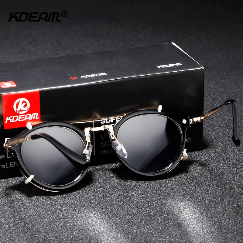Sonnenbrille rund Steampunk Clip-On abnehmbar polarisiert Markenbox Herren