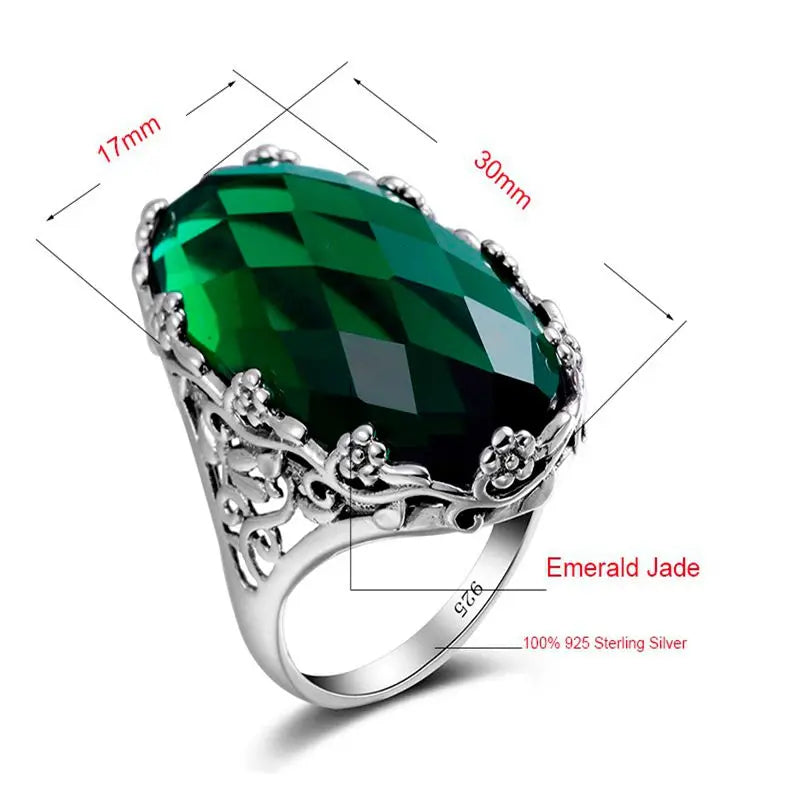 Damen-Ring aus 925er Sterlingsilber mit smaragdgrünem Stein und aufwändigem Blütenmuster