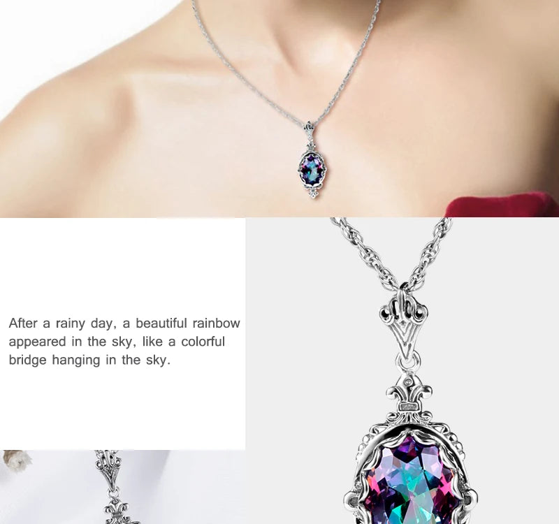 Damen-Halskette aus 925er Sterlingsilber mit Regenbogen-Topas-Anhänger Boho Vintage Stil Handgefertigt