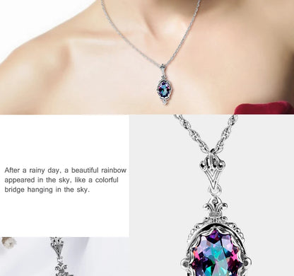 Damen-Halskette aus 925er Sterlingsilber mit Regenbogen-Topas-Anhänger Boho Vintage Stil Handgefertigt