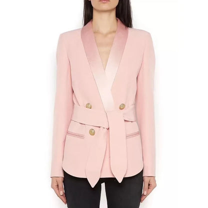 Damen-Blazer doppelreihig Schalkragen Schnürgürtel Löwenknopf elegant