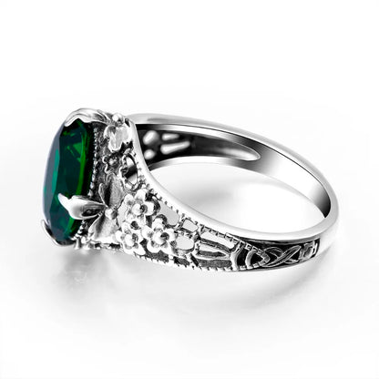Damen-Ring aus 925er Sterling Silber mit Blüten-Design und grünem Kristall im Vintage-Stil