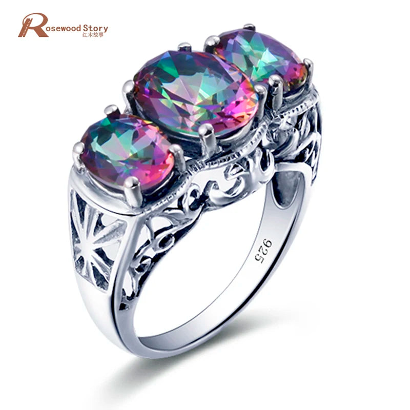Damen-Cocktailring aus 925er Sterlingsilber mit Regenbogen-Topas und Zirkoniastein für festliche Anlässe