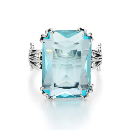 Damen-Ring aus 925er Silber mit Geburtsstein Aquamarin und himmelblauem Kristall Handgefertigt Vintage Stil