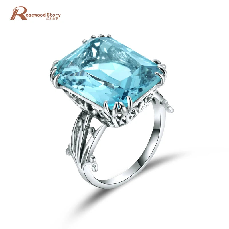 Damen-Ring aus 925er Silber mit Geburtsstein Aquamarin und himmelblauem Kristall Handgefertigt Vintage Stil