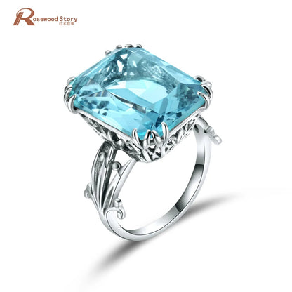 Damen-Ring aus 925er Silber mit Geburtsstein Aquamarin und himmelblauem Kristall Handgefertigt Vintage Stil