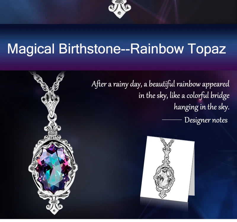 Damen-Halskette aus 925er Sterlingsilber mit Regenbogen-Topas-Anhänger Boho Vintage Stil Handgefertigt
