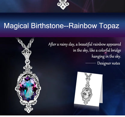 Damen-Halskette aus 925er Sterlingsilber mit Regenbogen-Topas-Anhänger Boho Vintage Stil Handgefertigt