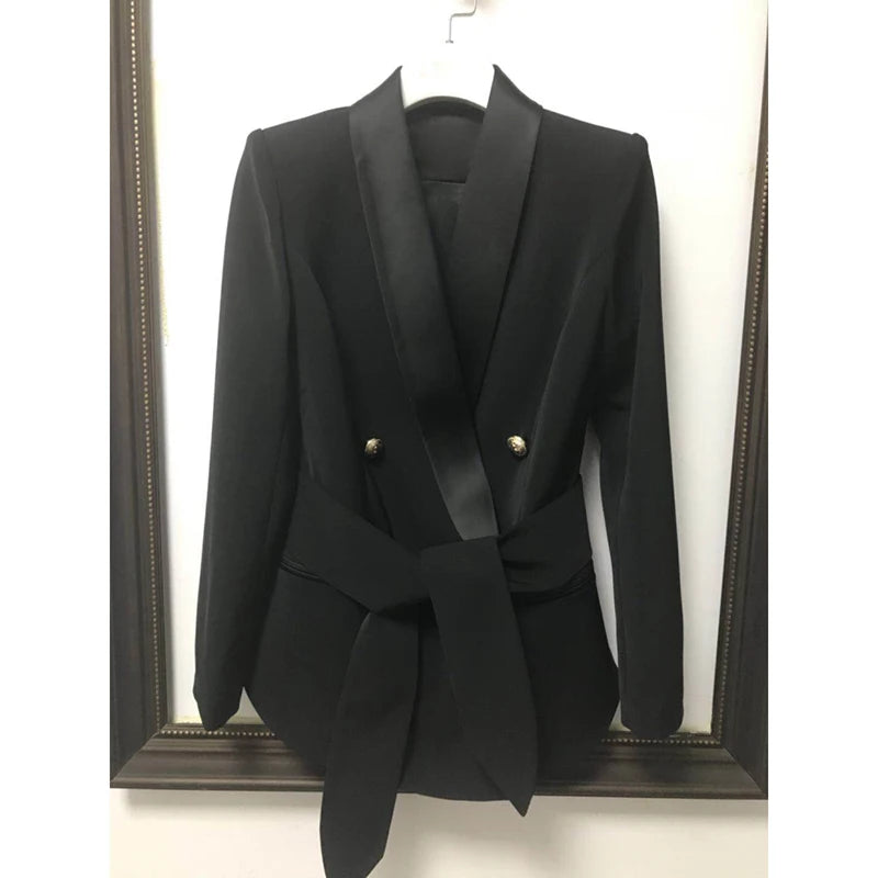 Damen-Blazer doppelreihig Schalkragen Schnürgürtel Löwenknopf elegant