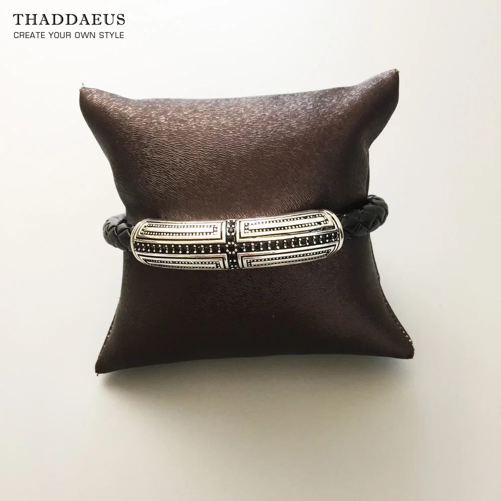 Damen-Armband Leder Kreuz Rebel aus Sterlingsilber