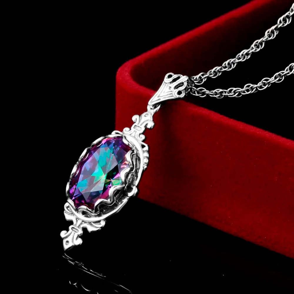 Damen-Halskette aus 925er Sterlingsilber mit Regenbogen-Topas-Anhänger Boho Vintage Stil Handgefertigt