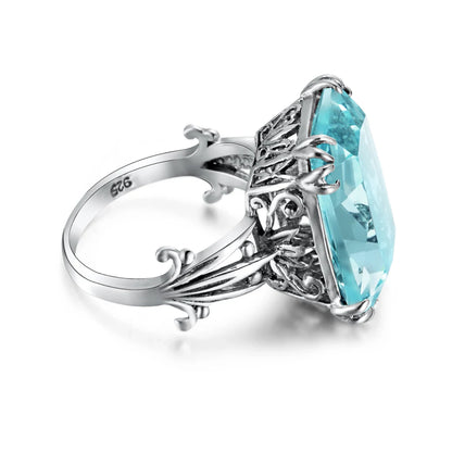 Damen-Ring aus 925er Silber mit Geburtsstein Aquamarin und himmelblauem Kristall Handgefertigt Vintage Stil