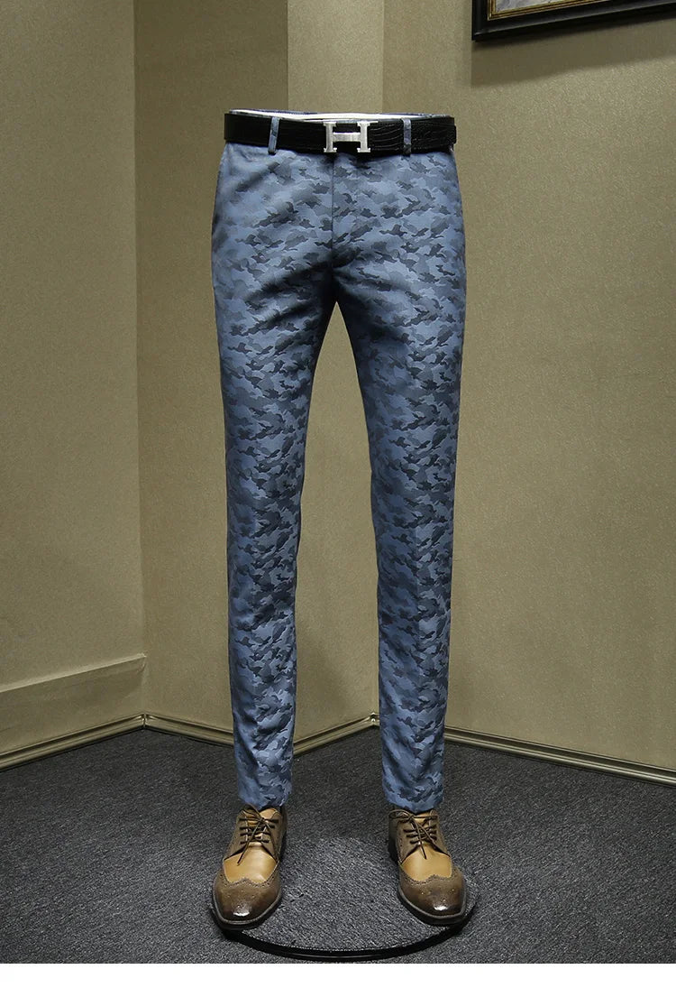 Herrenanzüge Hosen Blau Camouflage Bedruckt Mode Freizeitanzug Hose Slim Fit Büro Geschäftsmann Hochzeit Bräutigam Tragen Lange Hose