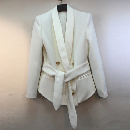 Damen-Blazer doppelreihig Schalkragen Schnürgürtel Löwenknopf elegant