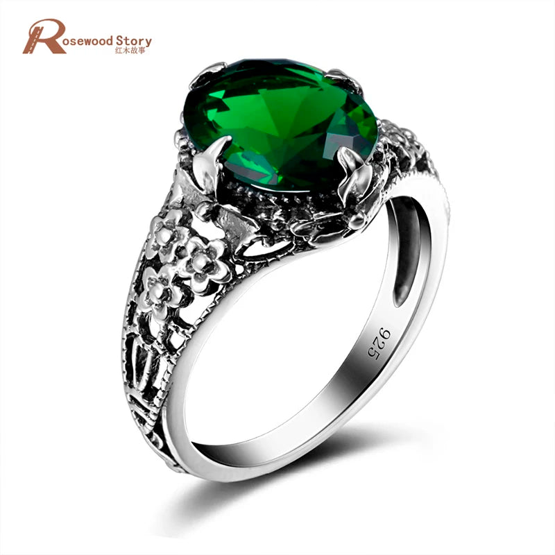 Damen-Ring aus 925er Sterling Silber mit Blüten-Design und grünem Kristall im Vintage-Stil